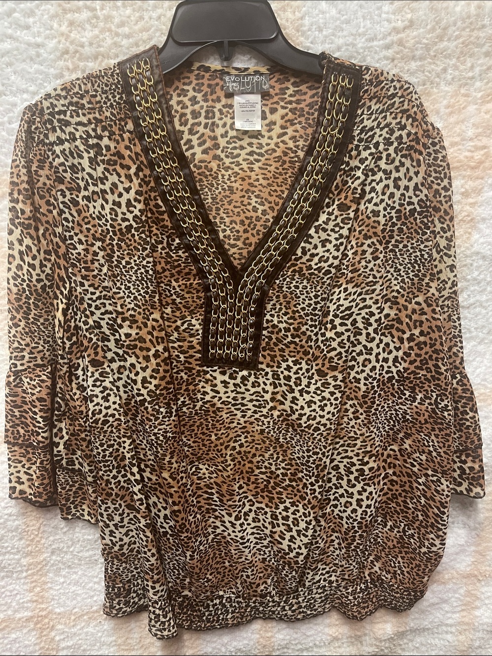 Evolution JMS Brown and Black Leopard-Print V-Neck Tunic with Chain Trim Sz 2X